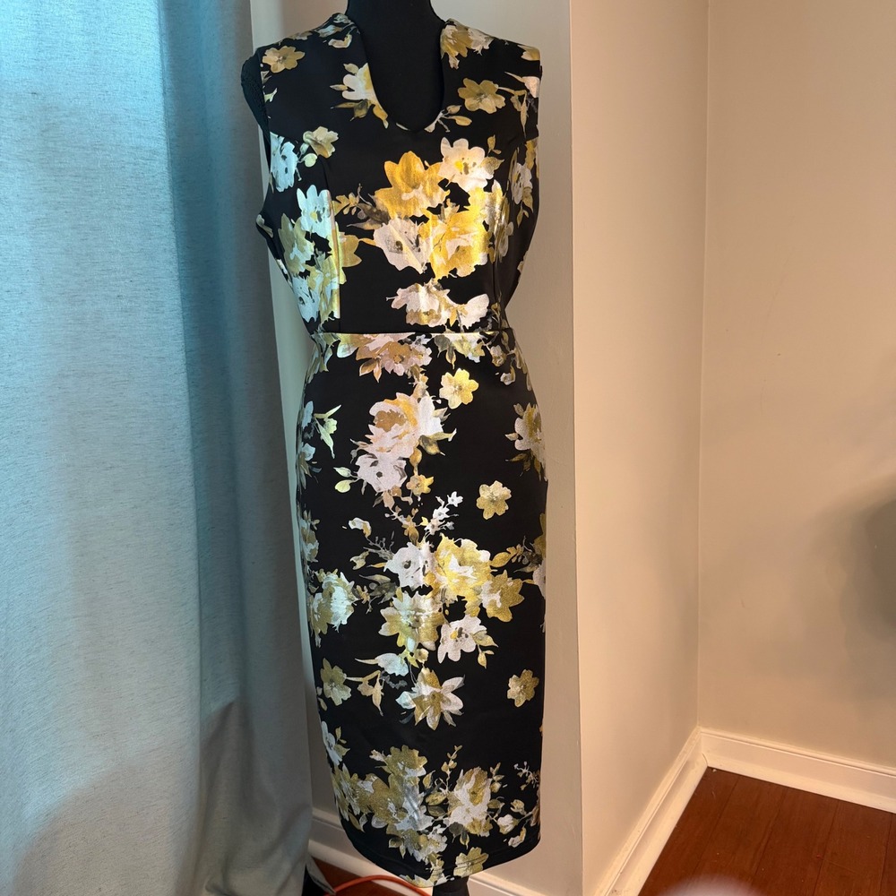 Nina Leonard Sheath Dress Womens L Black Gold Metallic Floral Sleeveless Midi